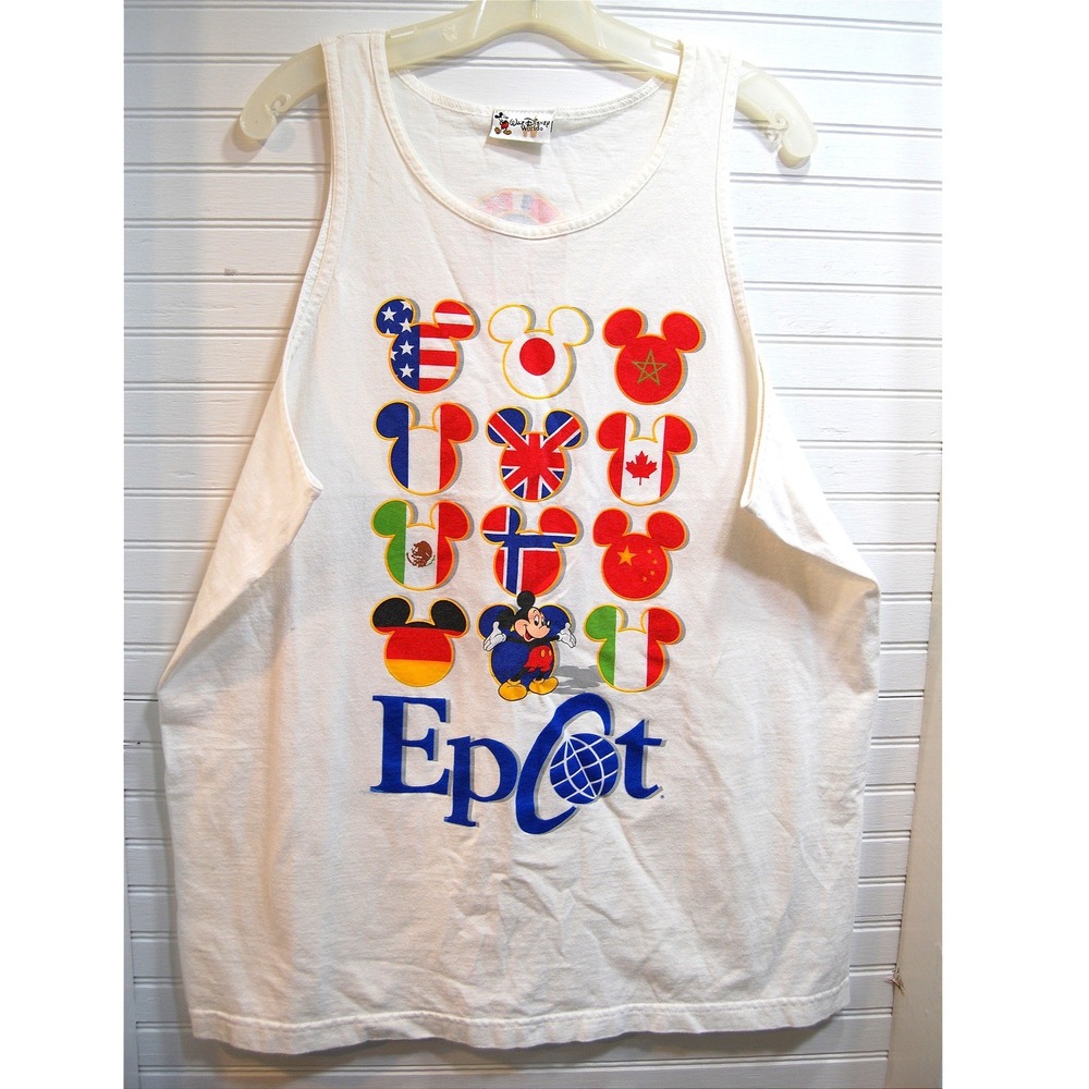 Disney World Epcot Tank Top Men's XL 90s‎ White Sleeveless T-shirt Flags Vintage